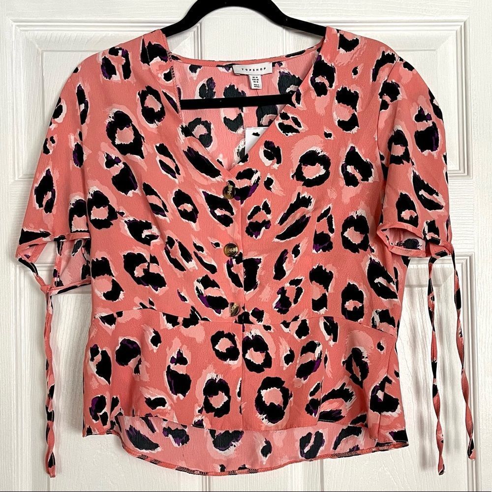 Topshop Pink Top 10 Large L Leopard Peplum Short Sleeve Summer Button Blouse NWT